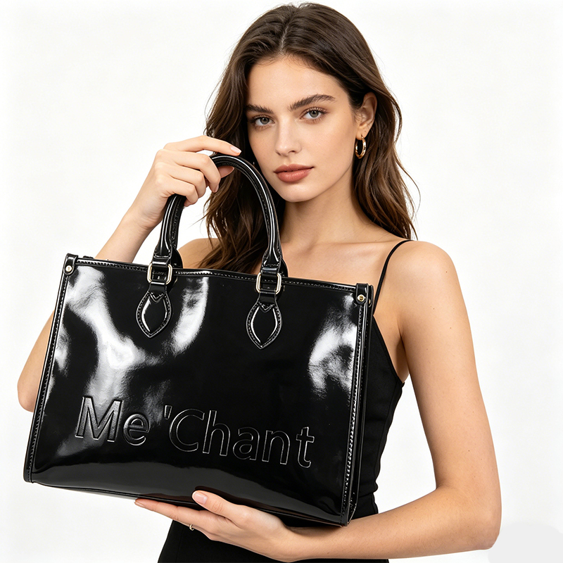 Top Handle Structured - Damska czarna błyszcząca torba typu tote